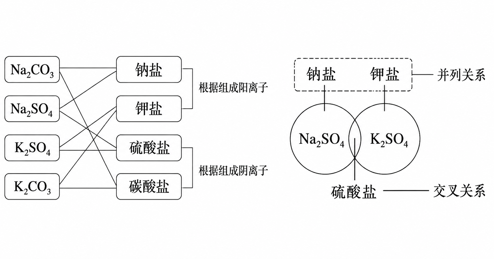 Na₂CO₃、Na₂SO₄、K₂SO₄ 和 K₂CO₃ 按阳离子、阴离子进行交叉分类的示意图